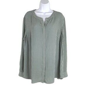 Talbots Blouse Top XL Houndstooth Green White Long Sleeve‎ Polyester TP-2735